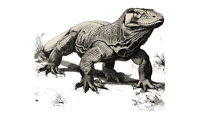 Retro Komodo Dragon Engraving, Vintage Lizard Art, Antique Wildlife Sketch, Monochrome Jungle Print, Rustic Reptile Nature Illustration, Trendy Hand-drawn Sketch, Old Engraving Style