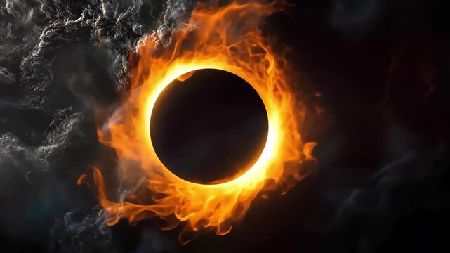 total solar eclipse with corona of flame and smoke on dark space background, dramatic effect