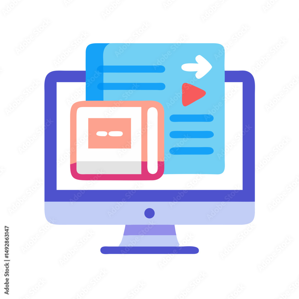 Poster computer screen with floating documents and an app icon