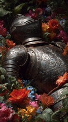 Fototapeta premium Ornate medieval armor lying in vibrant bed of colorful blooming flowers..