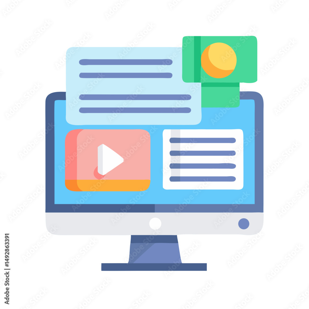 Poster computer screen display with website elements and video content