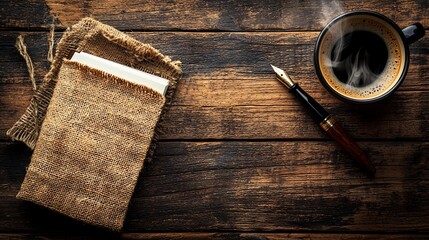 Fototapeta premium Rustic writing workspace with coffee and notebook