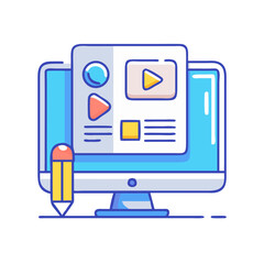 Desktop computer with website builder illustration against black backdrop