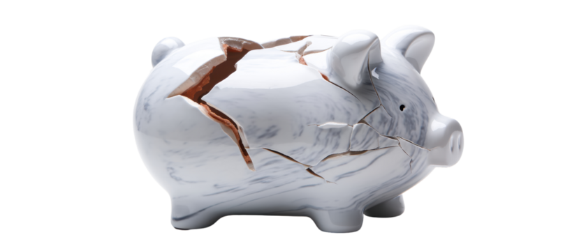 Cracked piggy bank representing financial failure.
