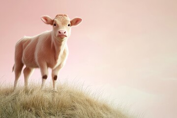Obraz premium Pastel colored calf standing atop a grassy hill.
