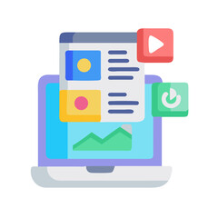 Laptop with website presentation, infographics, and a play button