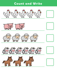 Count and write numbers 2-6. Counting farm animals worksheet for kids. Educational fun game for children. Kindergarten Counting Worksheet.