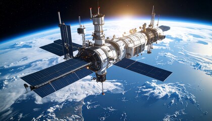 Obraz premium futuristic space elevator structure viewed from orbit above earth during daytime showcasing advanced engineering and design