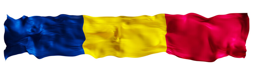 Stylized flag of Chad waving in the wind on transparent background. Footer, header or divider. Cut out wide, panoramic element. Banner for patriotic themes or national event promotions. 3D.