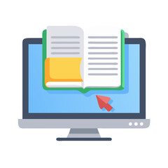 Online learning concept with book, monitor, and red arrow