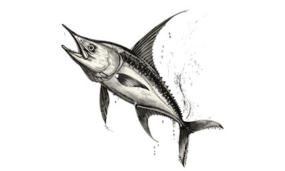 Marlin Antique Engraving, Sword Bill, Hand-drawn Marine Predator Sketch, Vintage Ocean Wildlife Art, Monochrome Retro Etching, Black Sketch, Nature Art, old engraving style