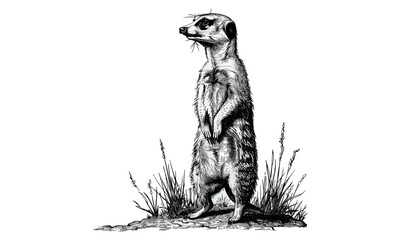 Meerkat Standing Tall Engraving, Black Mammal Sketch, Rustic Animal Art Print, Antique Vintage African Wildlife, Retro Nature Etching, Monochrome Artwork, Trendy Wildlife Print, Rustic Decor