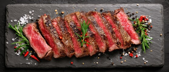 Sliced steak presentation on black slate with rosemary and spices, top-down view of medium rare beef fillet for gourmet dining