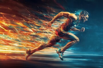 Dynamic athlete sprinting forward at high speed showcasing determination and energy during a competition, Dynamic Athlete in Full MotionSpeed and Determination