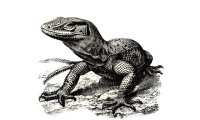 Vintage Nature Illustration of Monitor Lizard Crawling, Hand-drawn Reptile Sketch, Antique Engraving, Monochrome Wildlife Etching, Retro Jungle, Black Sketch, Wildlife Art