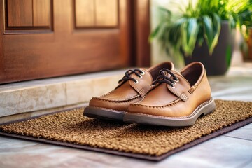 Naklejka premium Leather shoes sit on a doormat, near a front door with indoor plant. Use to illustrate welcoming guests, tidiness, or home improvement projects.