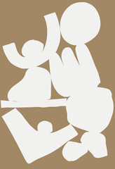 Minimalist contemporary art white cutout shapes and figures on a dark beige background, arranged in a balanced and modern layout. Vector poster design