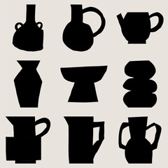Modern art cutout minimalist design black vases silhouettes on a beige background in a flat style. Vector seamless pattern