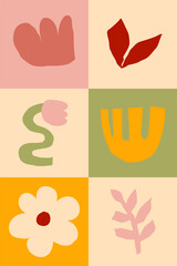 A grid of six abstract modern art minimalist pastel colors cutout floral designs. Vector seamless pattern with bold botanical shapes. Home decor poster illustration