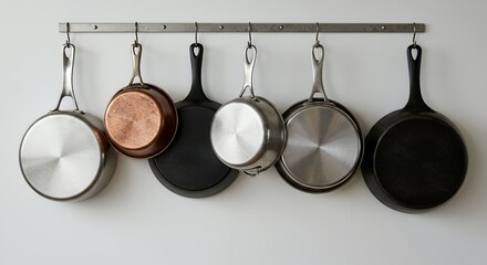 Various Kitchen Pots and Pans Hanging on Hooks in a Well Lit Clean White Background Studio Shot