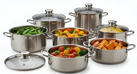 Various Sized Stainless Steel Cooking Pots with Clear Glass Lids Filled with Colorful Cooked Vegetables on White Background Product Shot