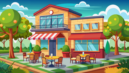 Cartoon café with outdoor seating, colorful trees, and sunny sky in cheerful urban park setting