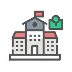 Stylized school building icon, flat vector design element