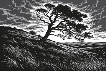 62 a dramatic black and white landscape, a lone tree standing on a windswept hill, dramatic flowing grass and sky, cinematic lighting, highly detailed, intricate, atmospheric, moody, dramatic, landsca