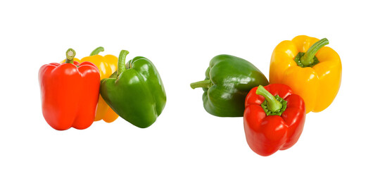 Group of colorful bell peppers on a white background photographed from different angles.