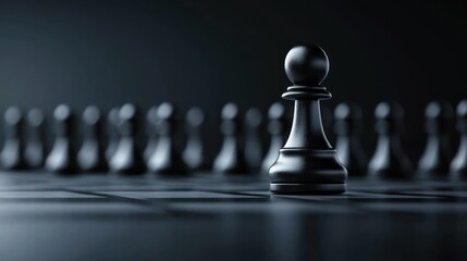 A black pawn on a chessboard with a row of black pawns in the background.