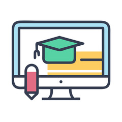 Online education concept with graduation cap, books and pencil