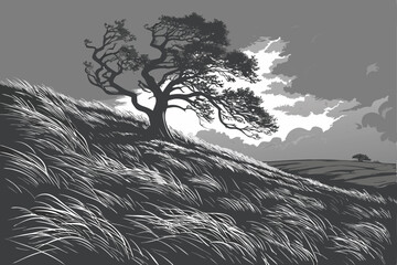 62 a dramatic black and white landscape, a lone tree standing on a windswept hill, dramatic flowing grass and sky, cinematic lighting, highly detailed, intricate, atmospheric, moody, dramatic, landsca