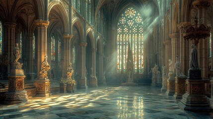 Grand cathedral interior, sunlight streams through stained glass