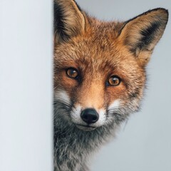 Fototapeta premium Close-up of a curious fox peering around a white wall, showcasing its vibrant fur and expressive eyes