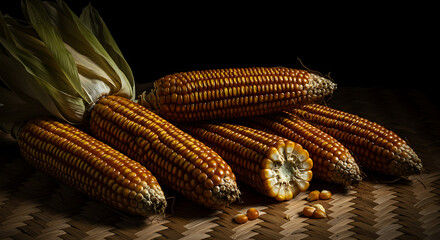 Golden Corn Cob Still Life Dramatic LowLight Composition