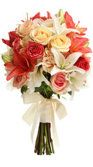 Colorful bouquet of roses and lilies tied with ribbon.