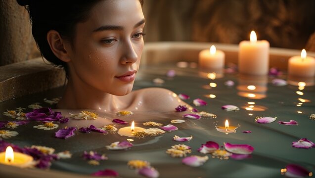Young Asian woman enjoys a relaxing bath, surrounded by floating candles and flower petals. Serene and luxurious spa experience. - Powered by Adobe