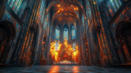 Fototapeta premium Grand cathedral interior, stained glass, ornate
