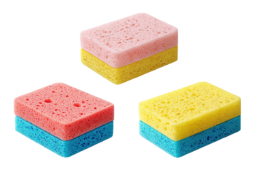Three colorful sponges stacked with different color combinations on a plain black background view on transparent background