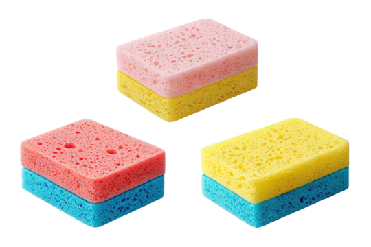 Three colorful sponges stacked with different color combinations on a plain black background view on transparent background