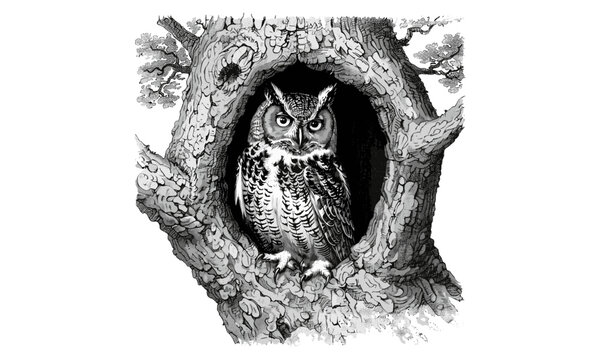 Vintage Owl Engraving in Hollow Tree, Rustic Animal Drawing, Monochrome Line Art, Retro Fauna Print, Detailed Nature Etching, Forest Bird Illustration, antique wildlife print