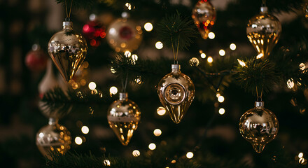 Golden Christmas Ornaments Adorning a Dark Fir Tree