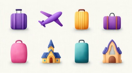 Colorful travel icons including suitcases and airplanes illustrated in a playful style representing adventure planning iconic destinations and travel experiences showcasing vibrant designs
