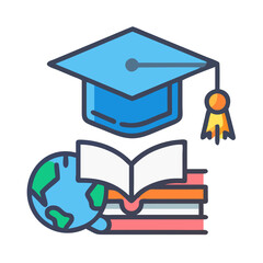 Education and global learning icon with books and mortarboard