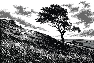 62 a dramatic black and white landscape, a lone tree standing on a windswept hill, dramatic flowing grass and sky, cinematic lighting, highly detailed, intricate, atmospheric, moody, dramatic, landsca