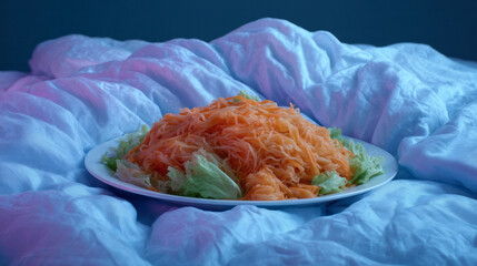 A whimsical symphony of shredded carrot atop a leafy bed, evoking dreams of Hygge coziness and Carrot Day revelry