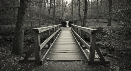 Serene Wooden Footbridge Over Creek to Waterfall in Tranquil Forest