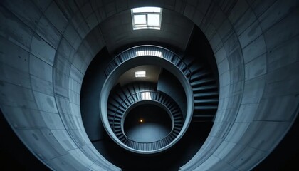 Obraz premium Abstract architecture shows a spiral staircase with metal steps leading to a circular light in a tunnel