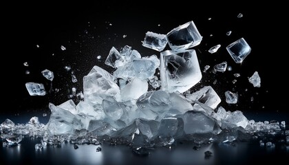 ice crushed on a black background shards of crushed ice spread away the explosion of ice