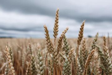 Fototapeta premium Golden wheat stalks under stormy skies evoke rustic harvest tales and Lammas festival vibes, celebrating agrarian cycles
